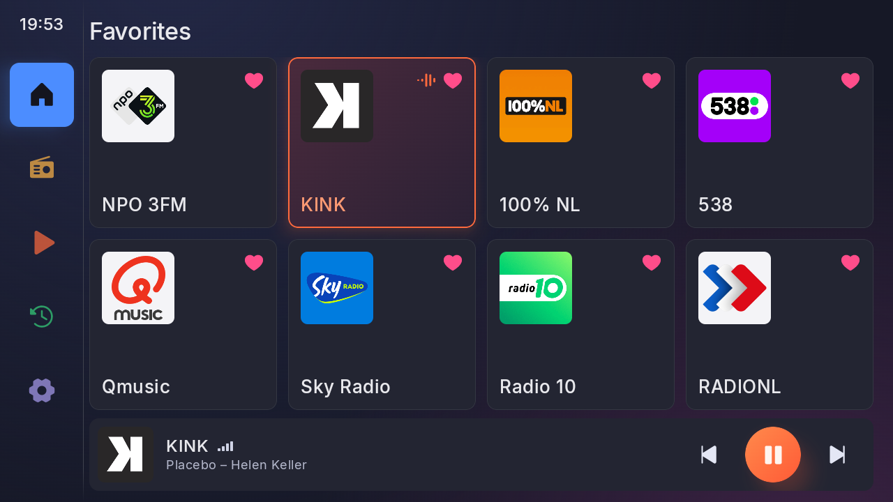 DABplay+ on a head unit: eight favourite stations as big tiles