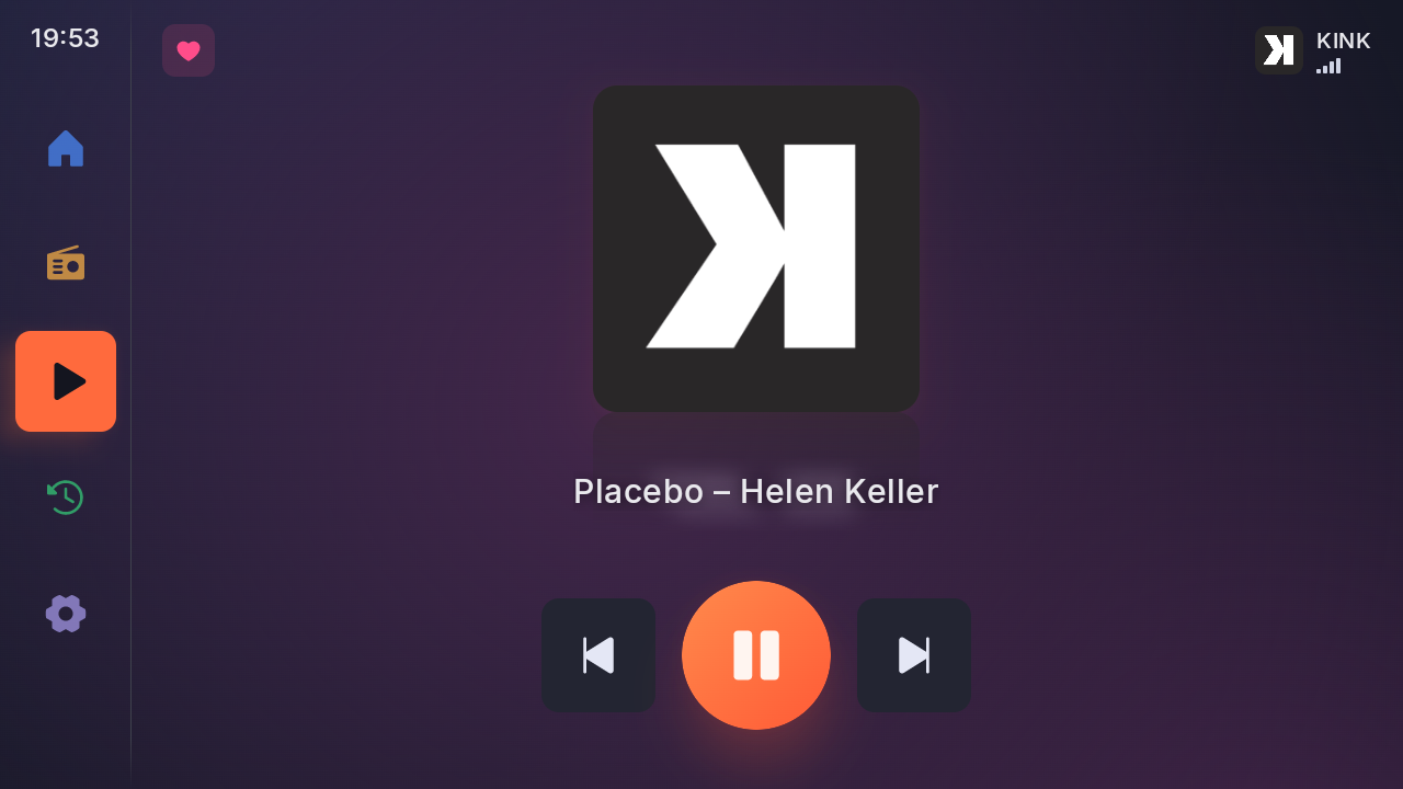 Now playing in the night theme: the station logo, the song and the controls